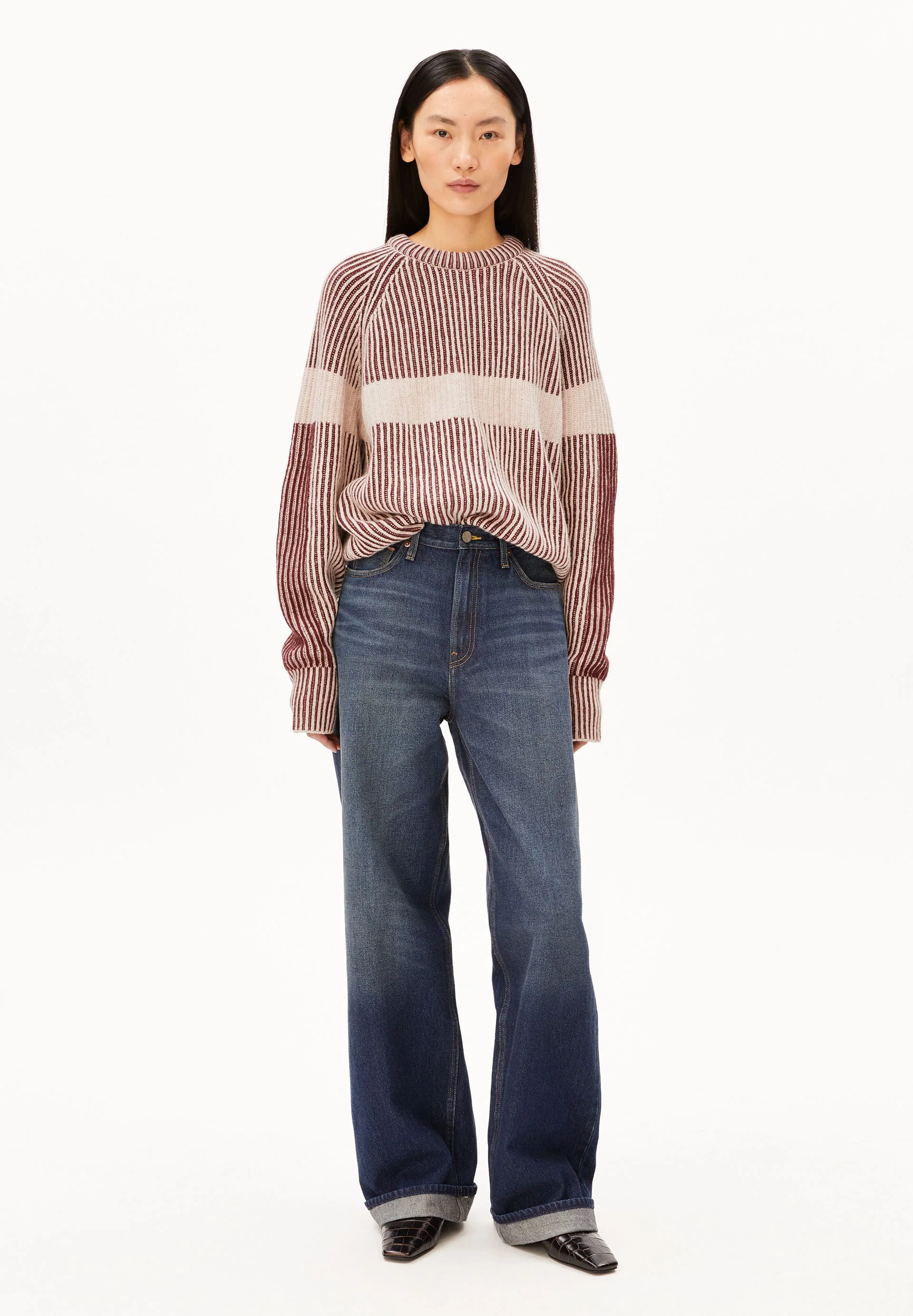 RIPPSTRICKPULLOVER MIT KUNSTWERK | velvet red-oatmilk-honey melange - Image 5